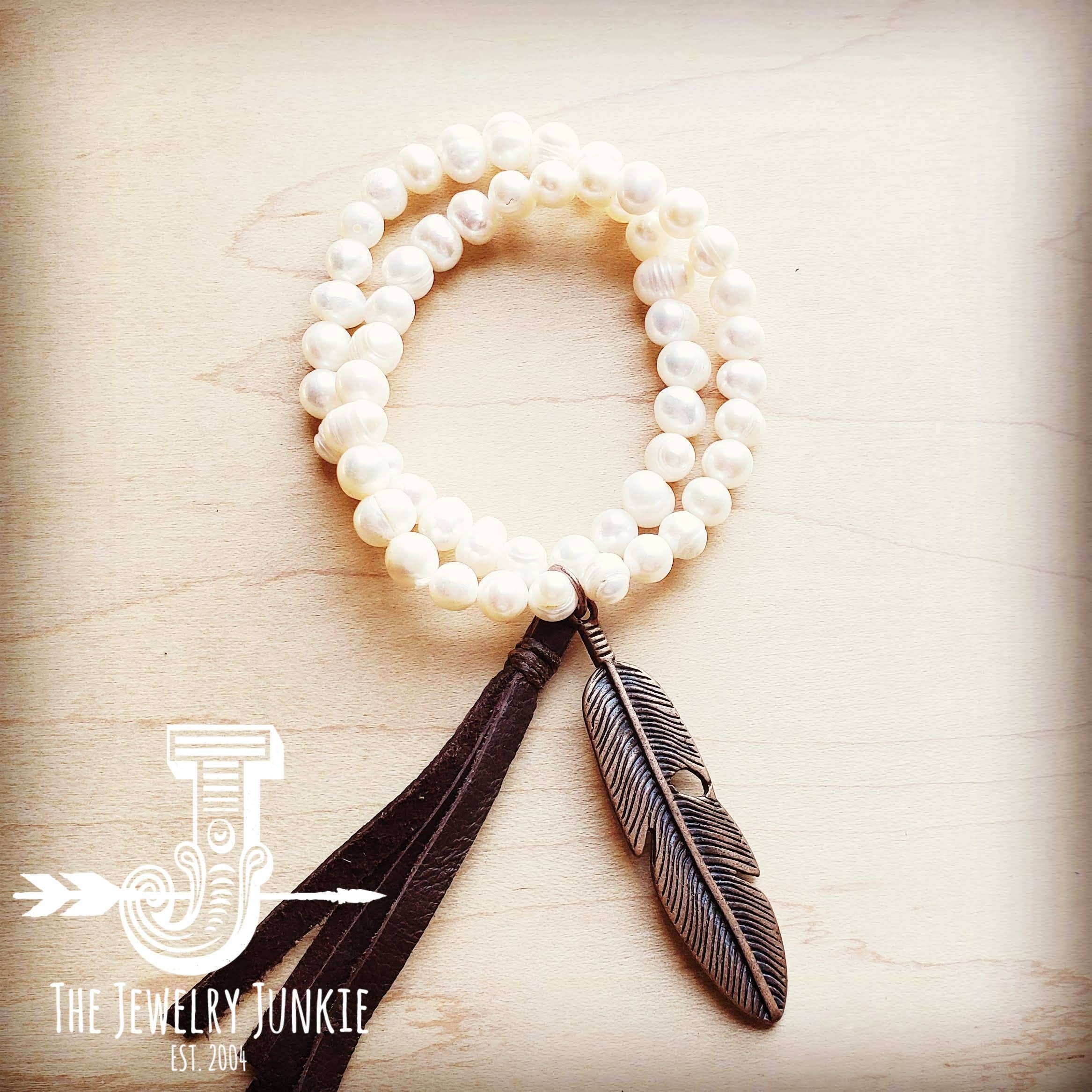 Double Strand Genuine Pearl Bracelet with Copper Feather