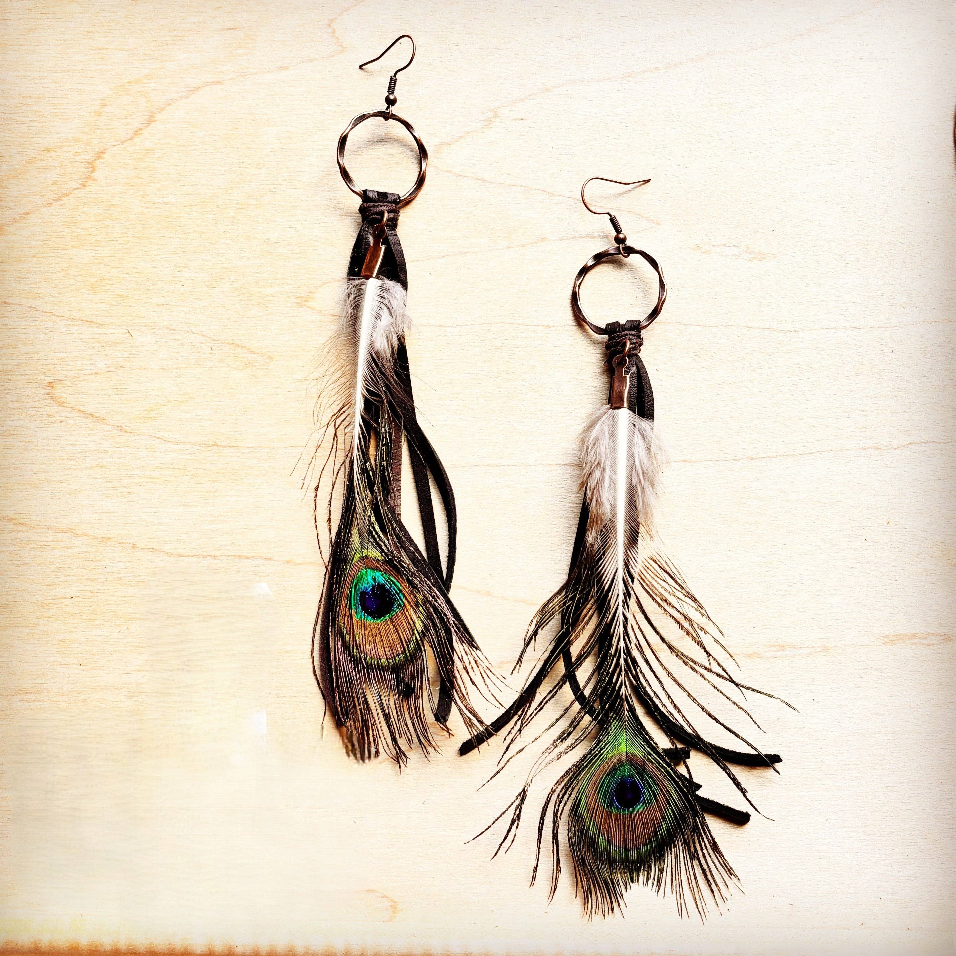 Black Deer Skin Leather Tassel Earring Peacock Feather 219j: Black