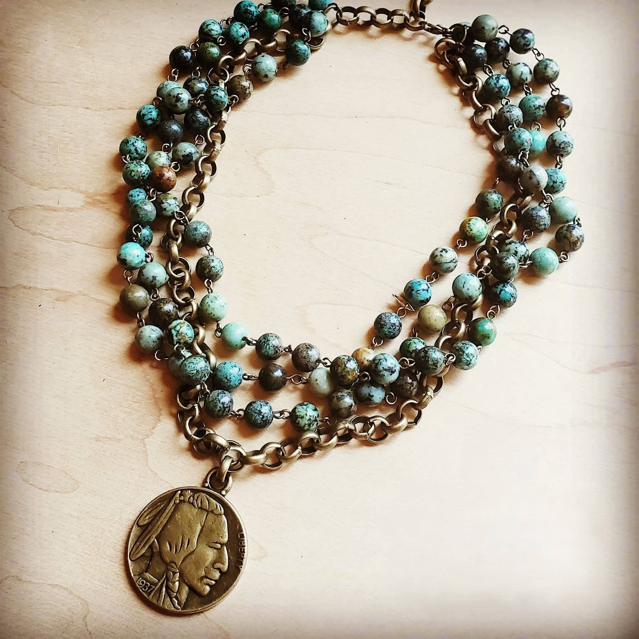African Turquoise Collar-Length Necklace Indian Buffalo Coin