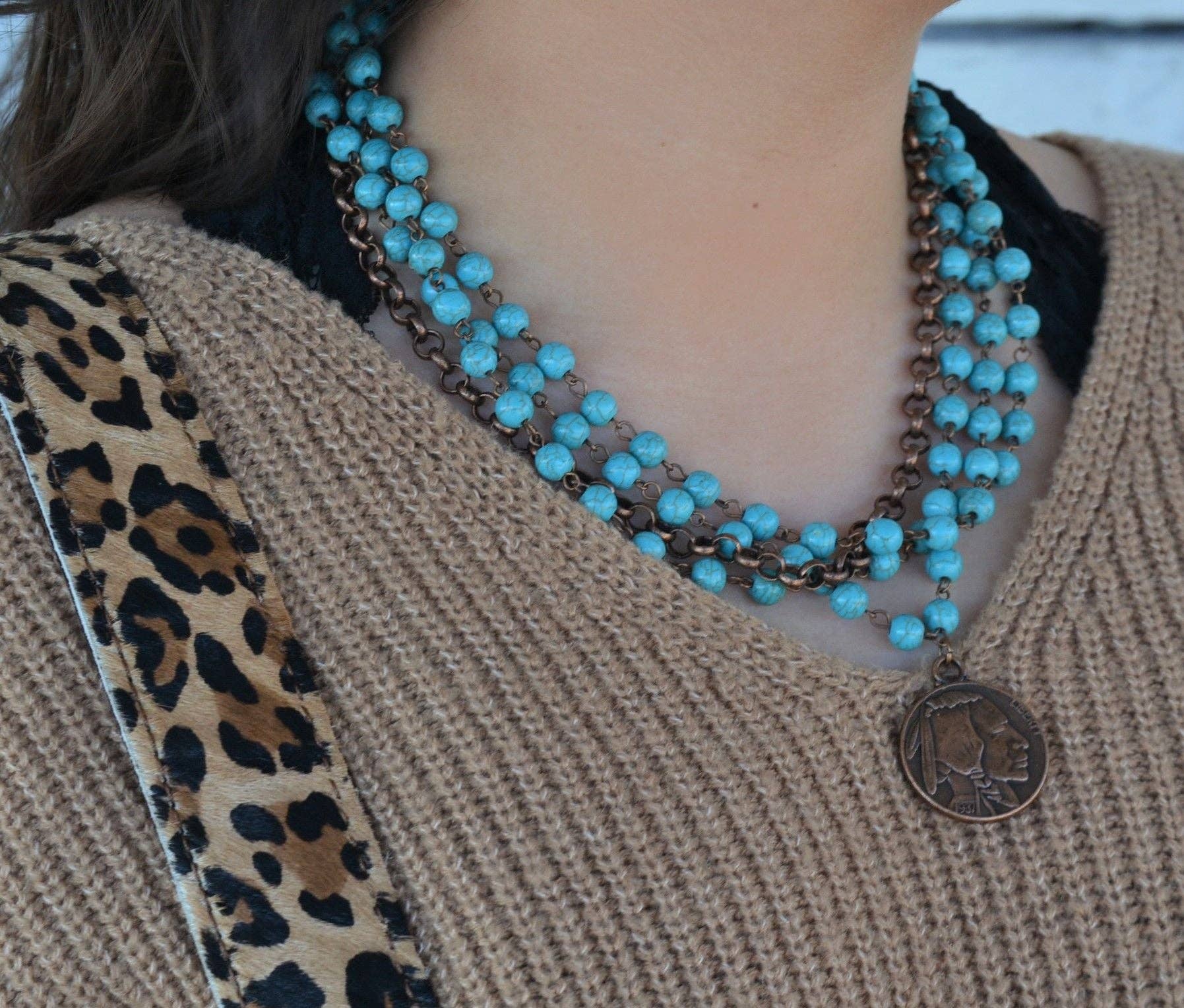 Blue Turquoise Collar-Length Necklace w/ Indian Buffalo Coin 114E