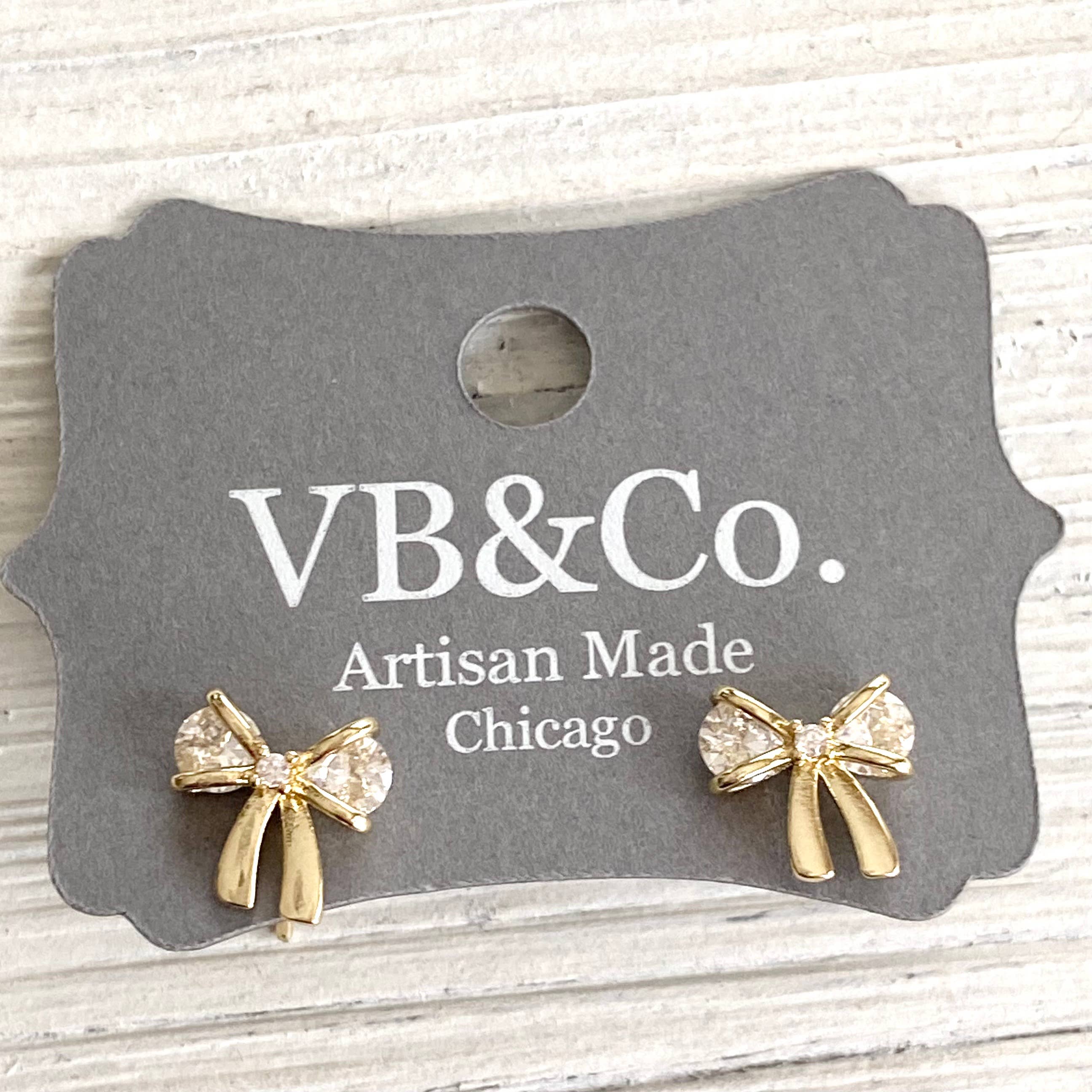 Bow stud earrings with crystals  : Gold