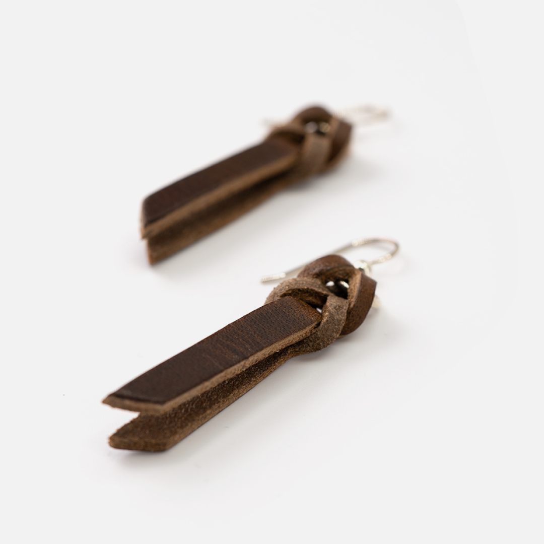 Braided Full-Grain Leather Drop Earrings: Nut Brown
