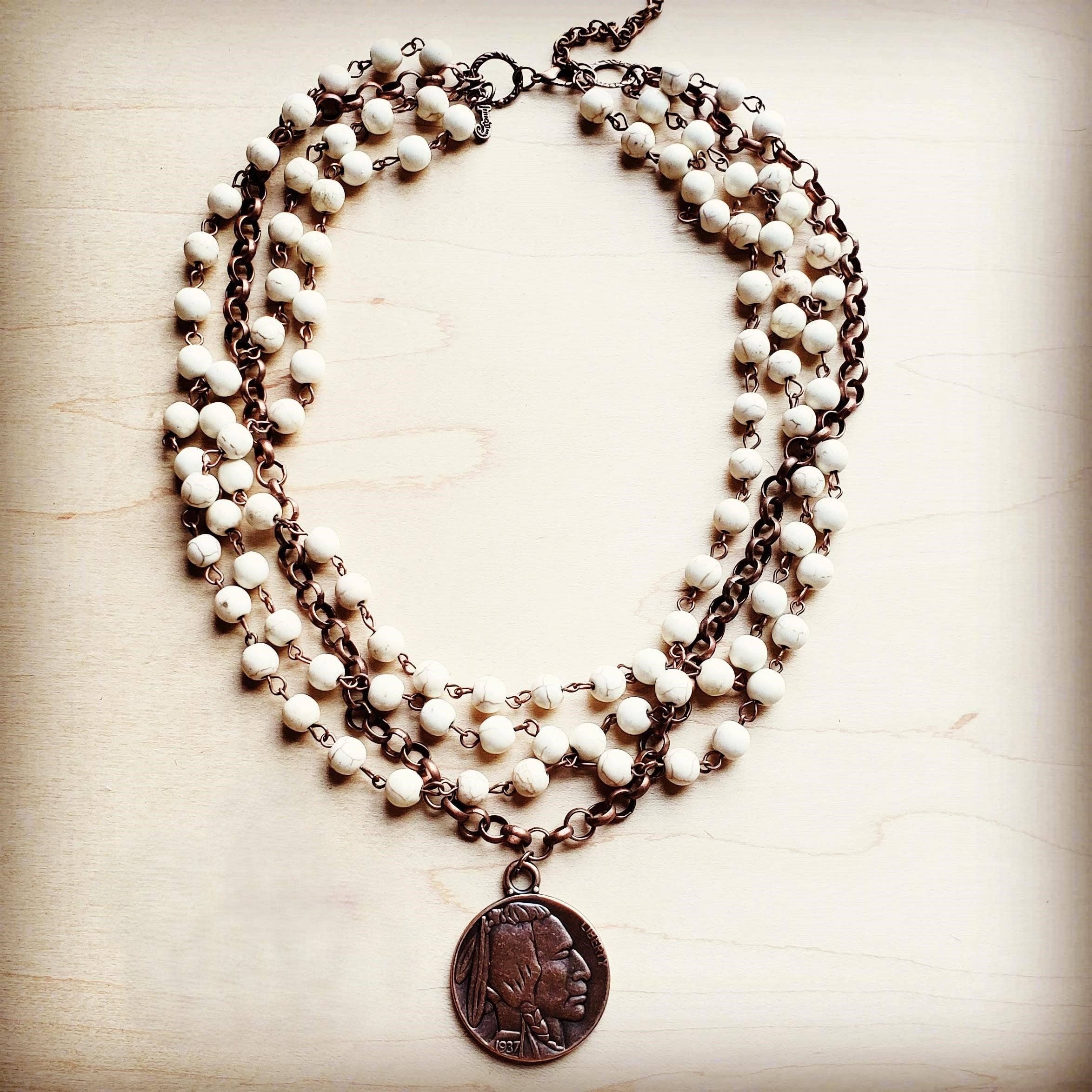 White Turquoise Collar-Length Necklace w/ Indian Buffalo Coin 227Y