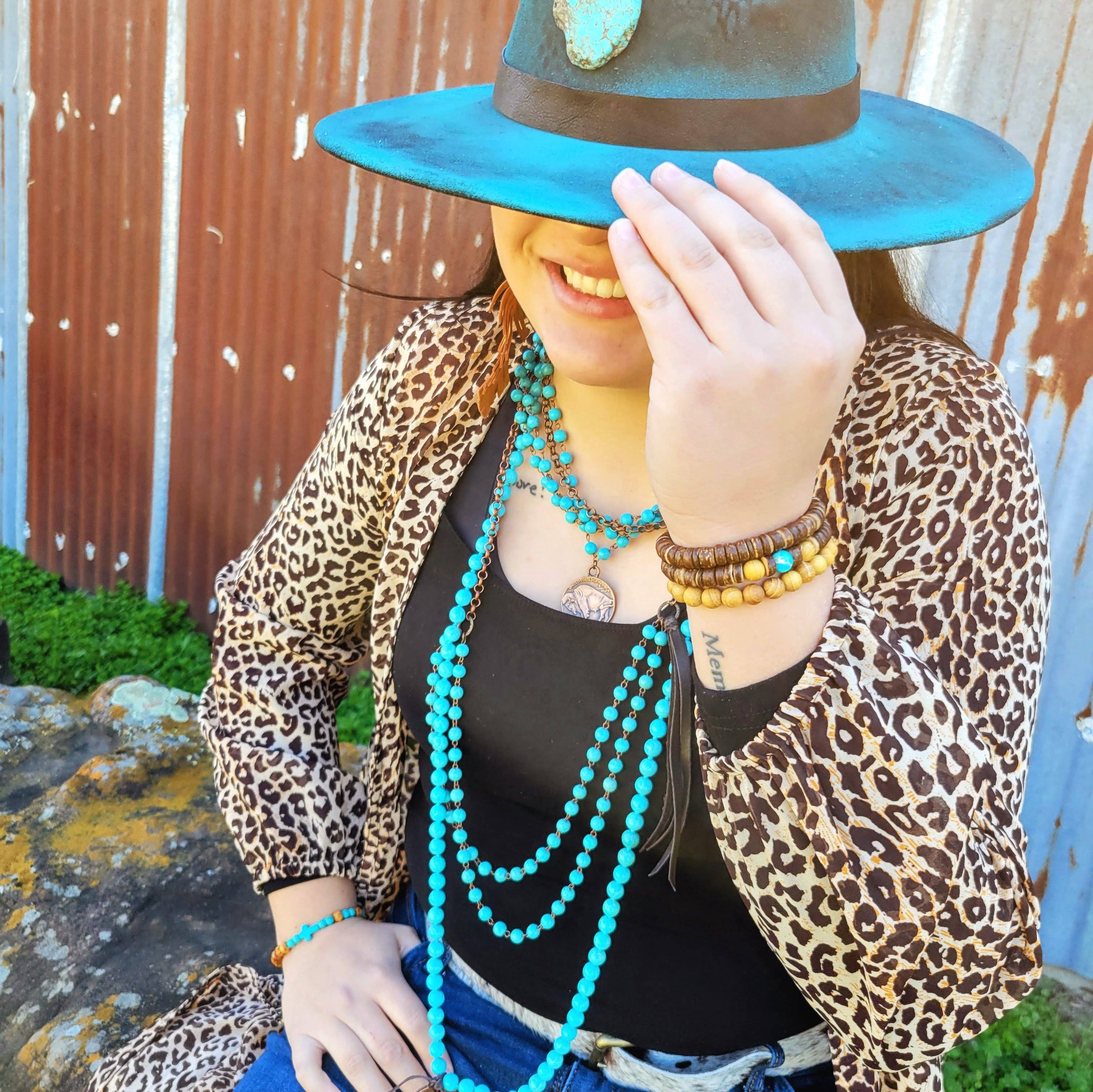 Blue Turquoise Collar-Length Necklace w/ Indian Buffalo Coin 114E