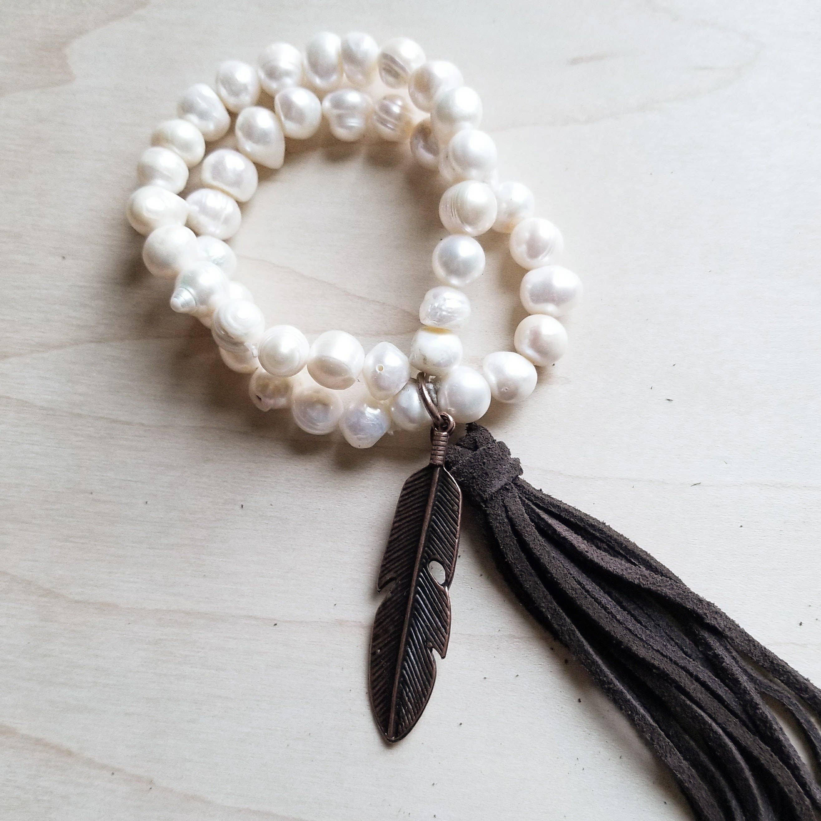Double Strand Genuine Pearl Bracelet with Copper Feather