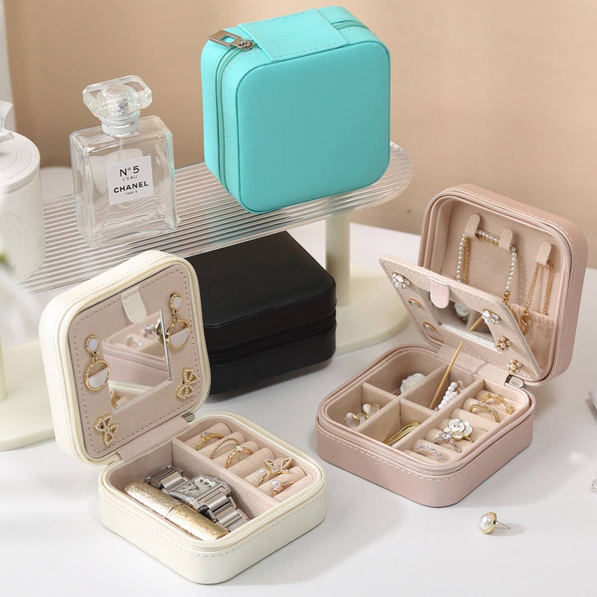PORTABLE MIRROR JEWELRY STORAGE BOX
