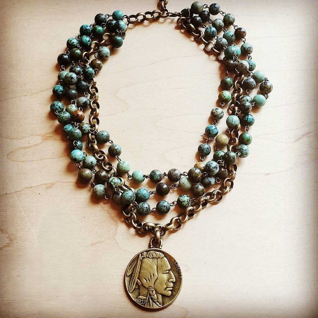African Turquoise Collar-Length Necklace Indian Buffalo Coin