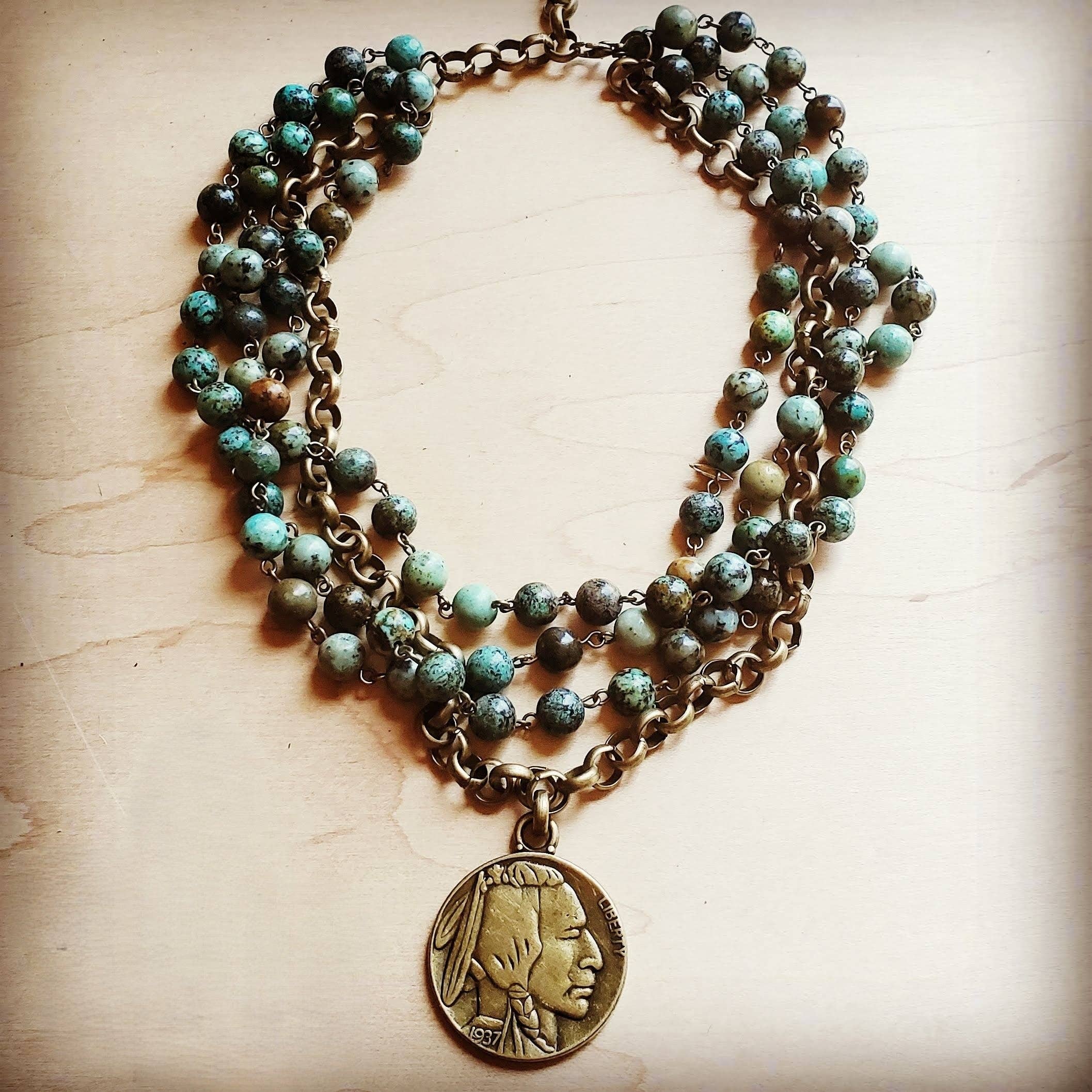 African Turquoise Collar-Length Necklace Indian Buffalo Coin
