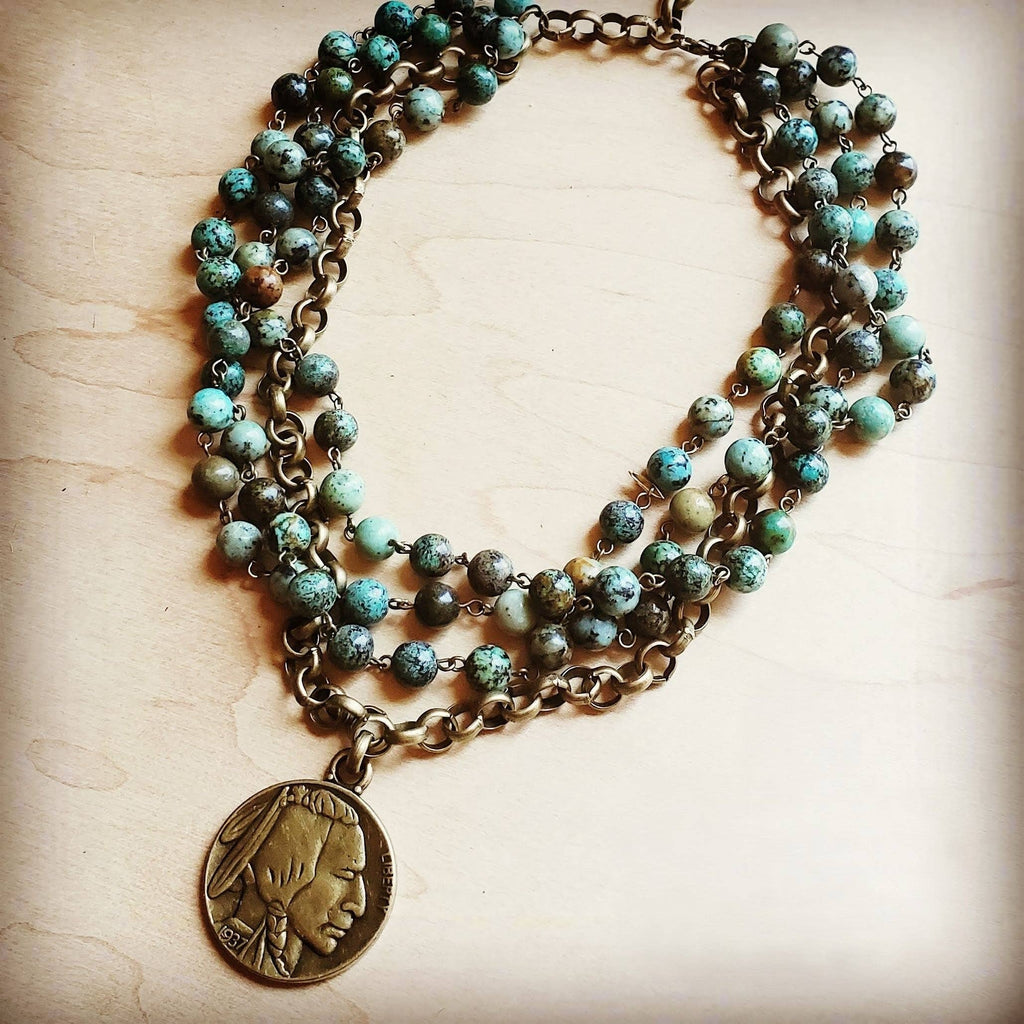 African Turquoise Collar-Length Necklace Indian Buffalo Coin