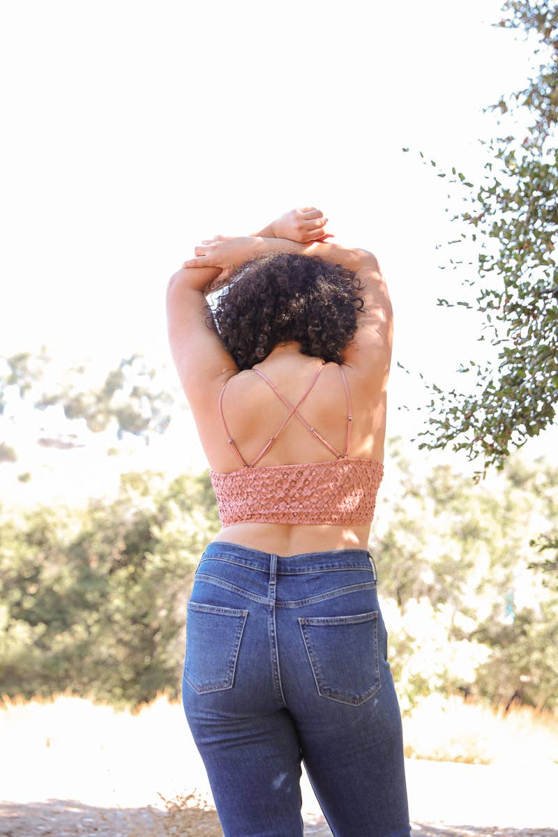 Crochet Lace Longline Bralette–XL, Padded, Stylish Comfort🌼: Rust XL