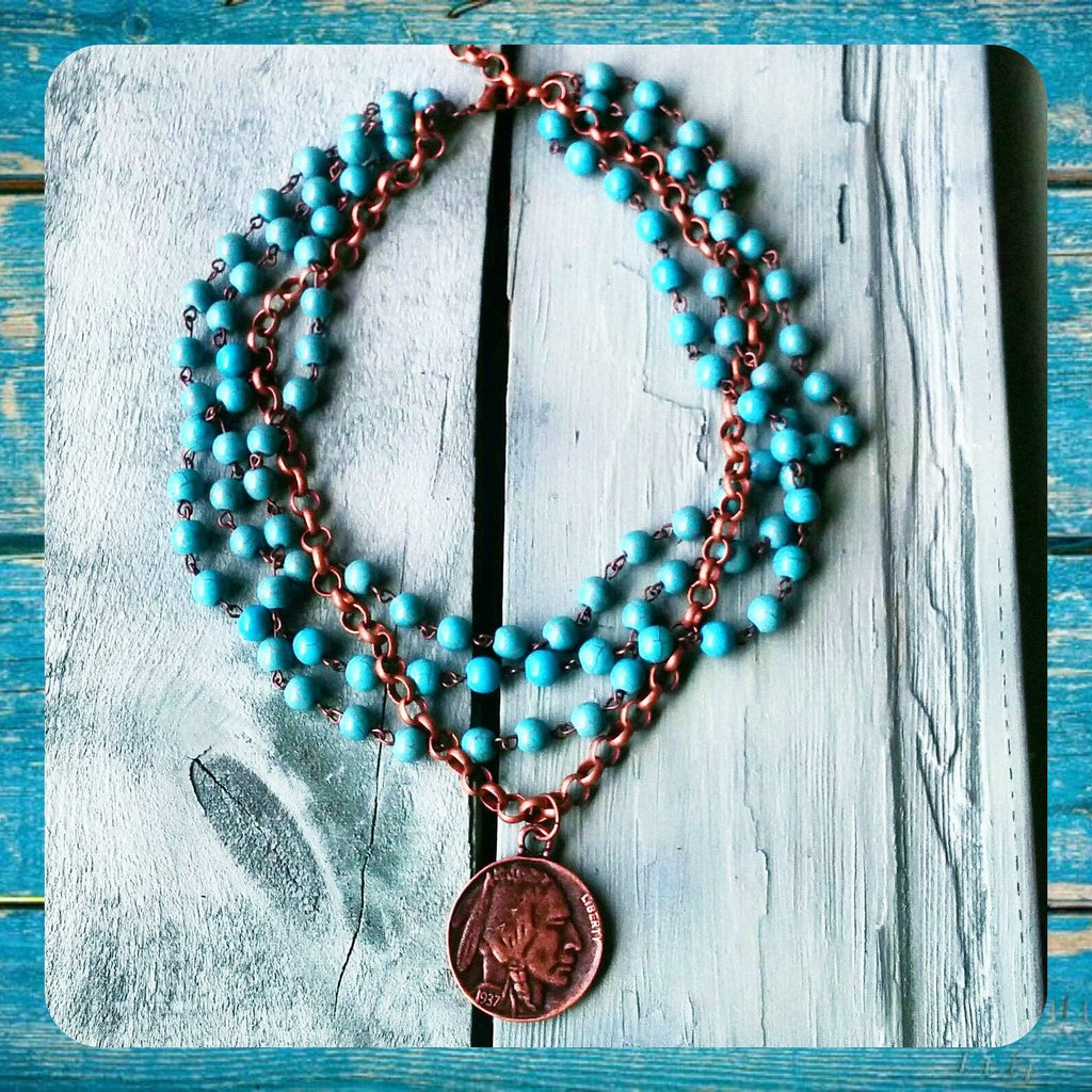Blue Turquoise Collar-Length Necklace w/ Indian Buffalo Coin 114E