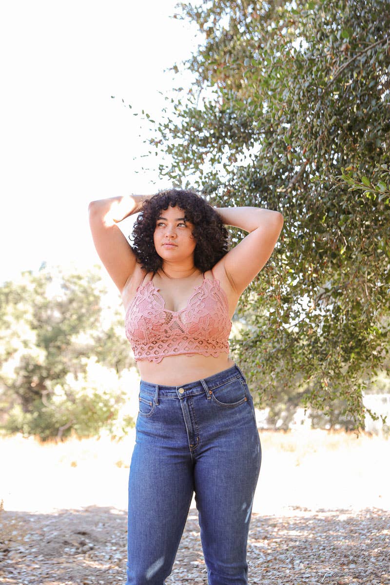 Crochet Lace Longline Bralette–XL, Padded, Stylish Comfort🌼: Rust XL