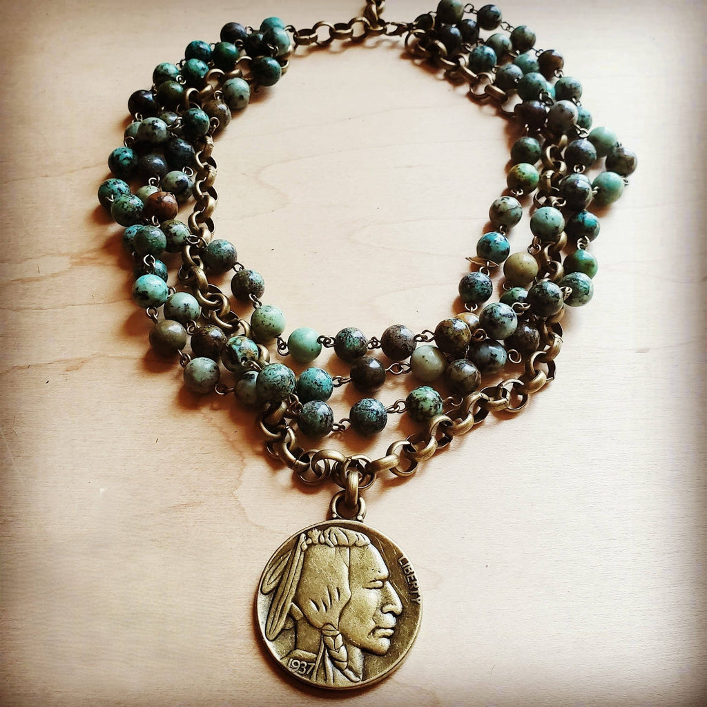 African Turquoise Collar-Length Necklace Indian Buffalo Coin