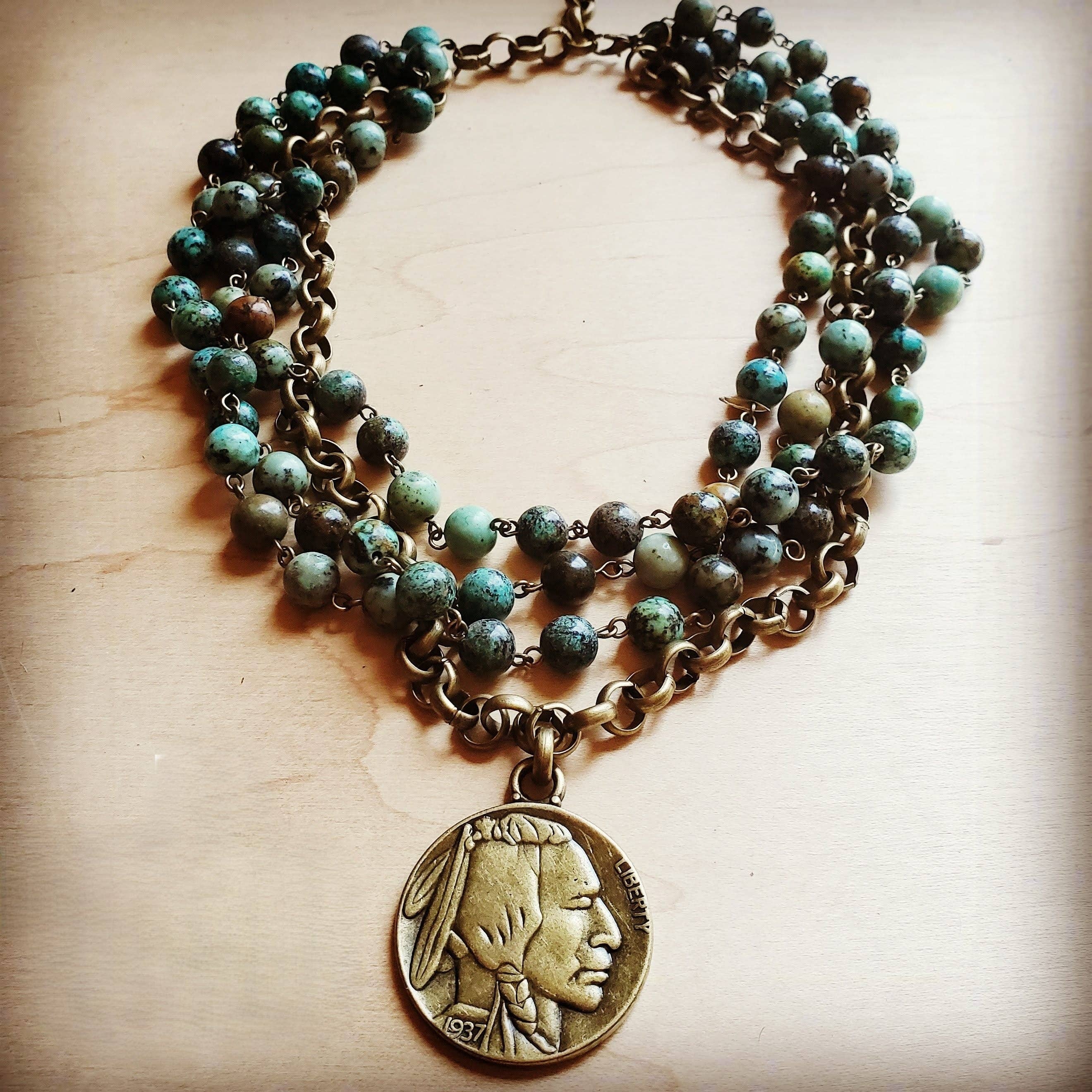 African Turquoise Collar-Length Necklace Indian Buffalo Coin
