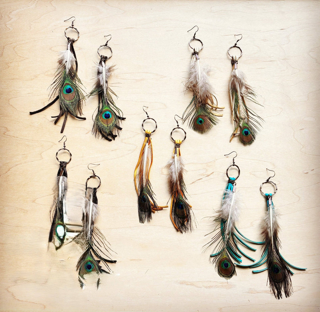 Black Deer Skin Leather Tassel Earring Peacock Feather 219j: Black