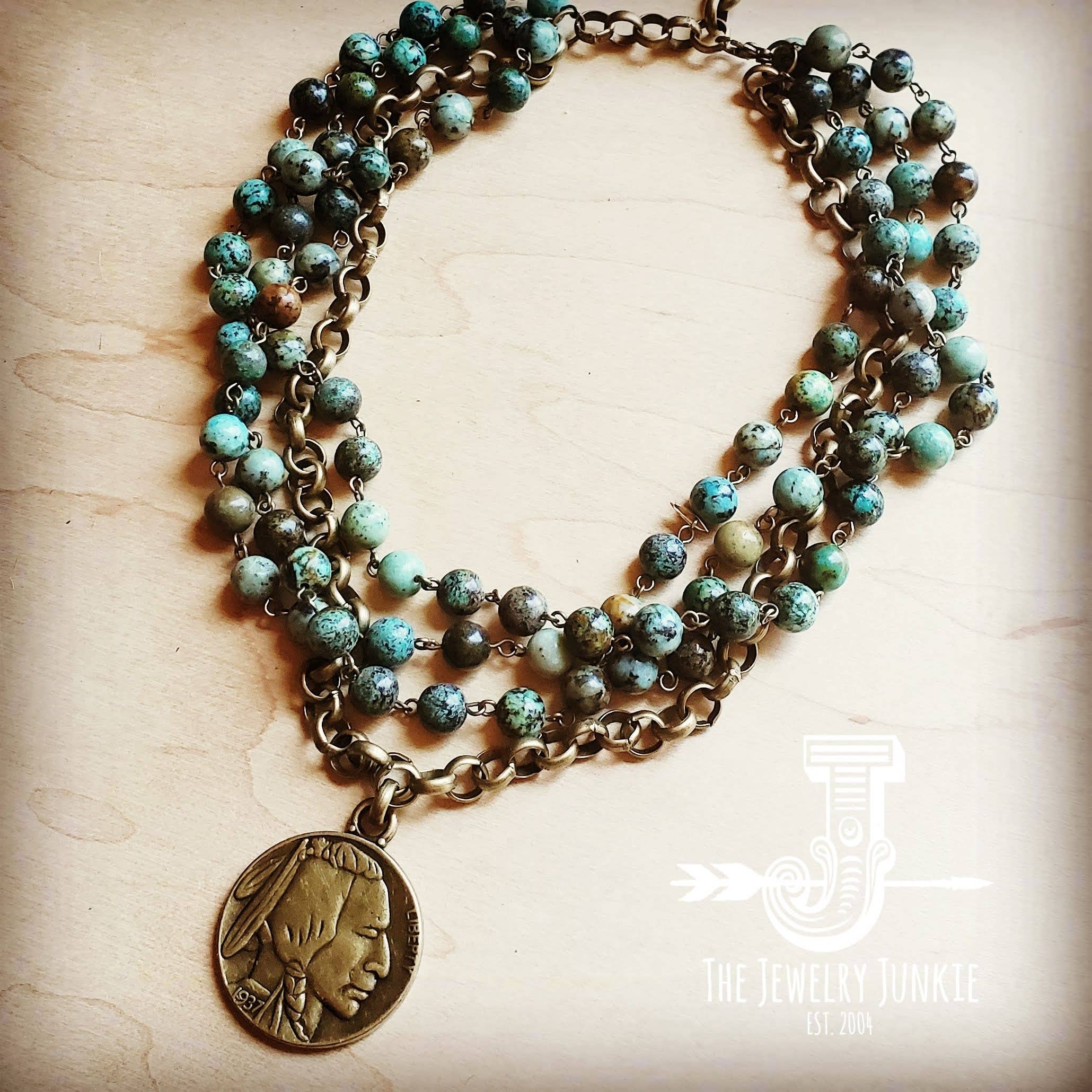 African Turquoise Collar-Length Necklace Indian Buffalo Coin