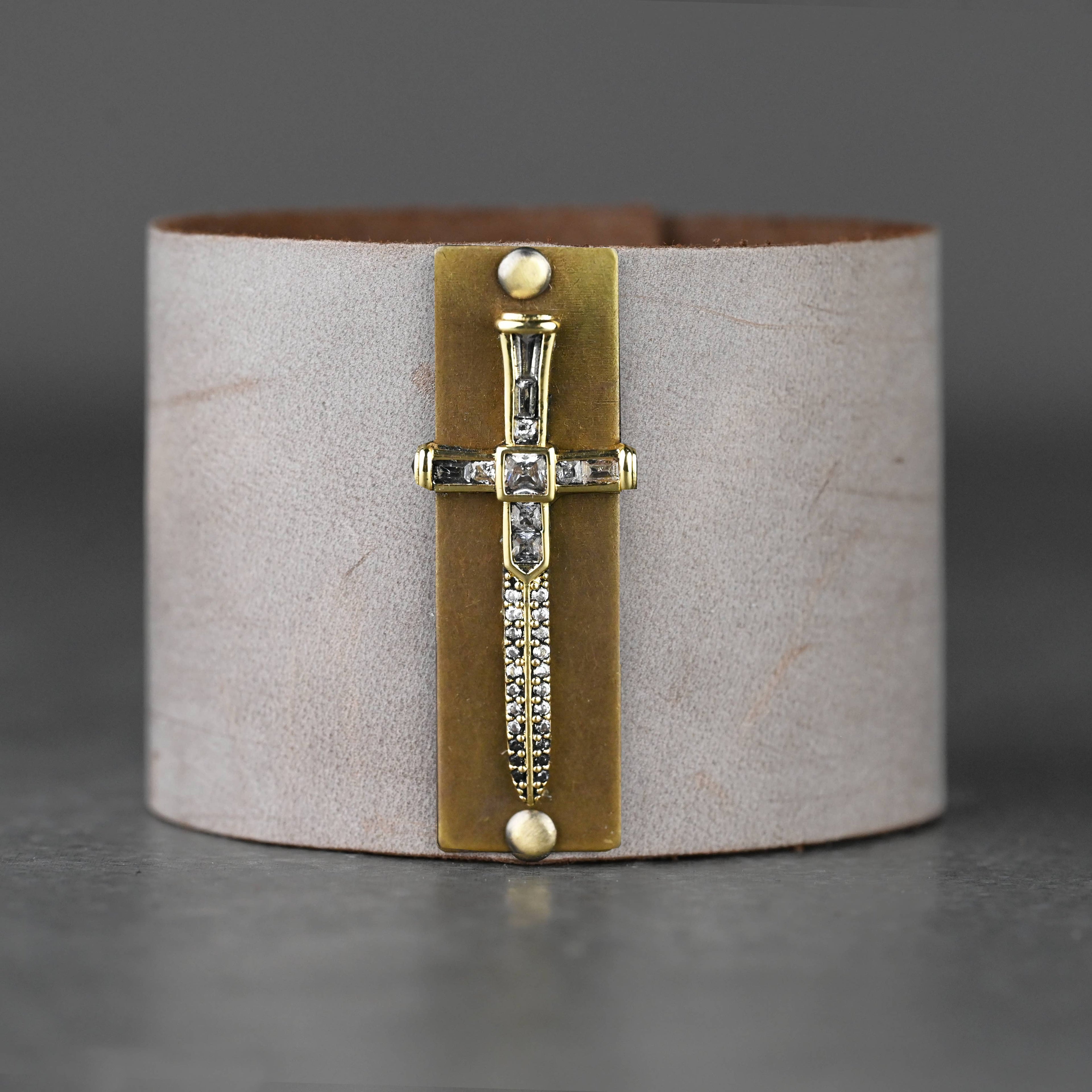 2" Leather Cuff w/ Pave Dagger w/ Crystals: Distressed Vintage Cream