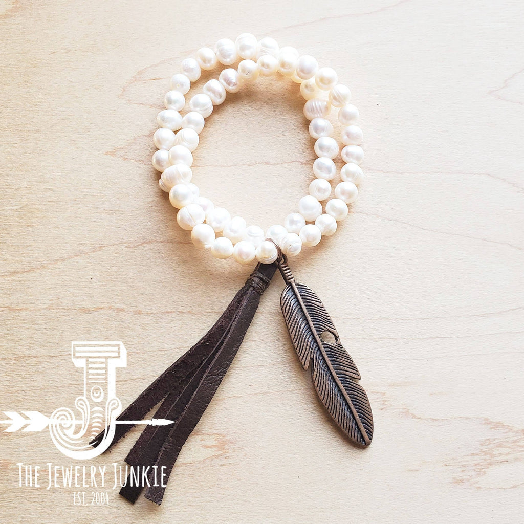 Double Strand Genuine Pearl Bracelet with Copper Feather