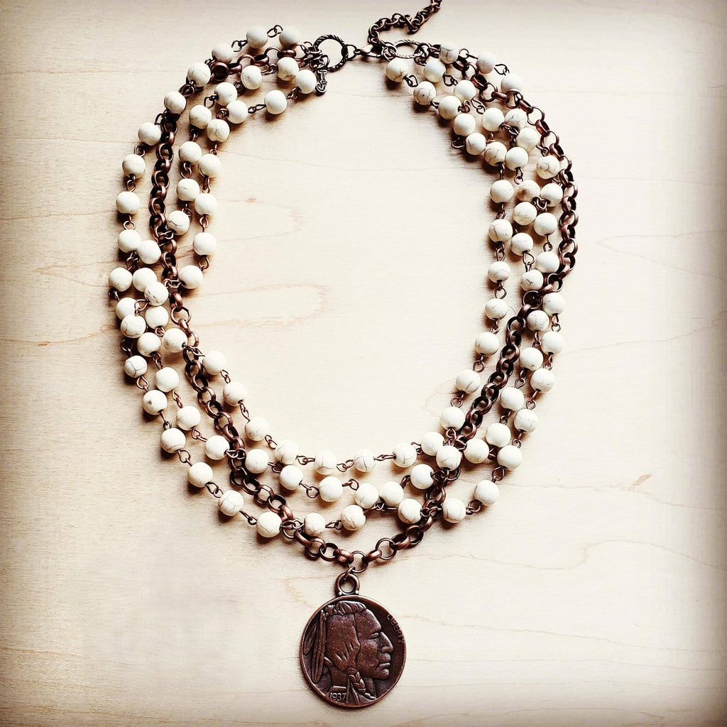 White Turquoise Collar-Length Necklace w/ Indian Buffalo Coin 227Y