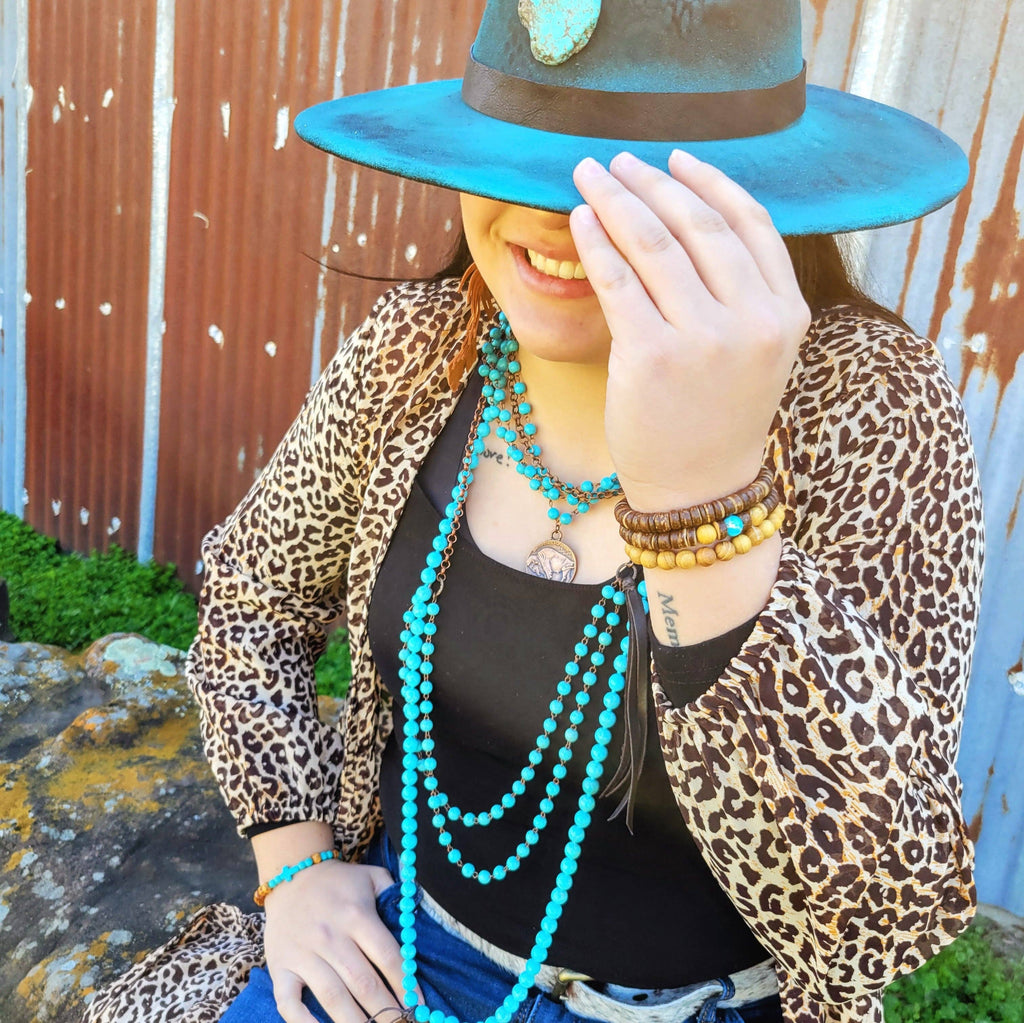 Blue Turquoise Collar-Length Necklace w/ Indian Buffalo Coin 114E